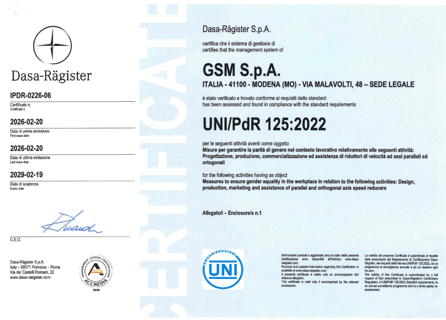 GSM - Certificazione UNI/PdR 125:2022 (Parità di Genere)